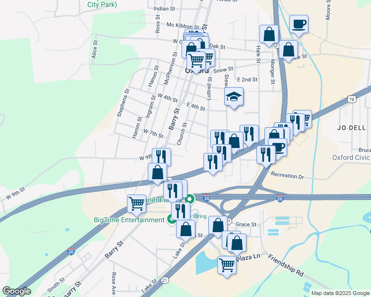 map of restaurants, bars, coffee shops, grocery stores, and more near 1233 Humphries Street in Oxford