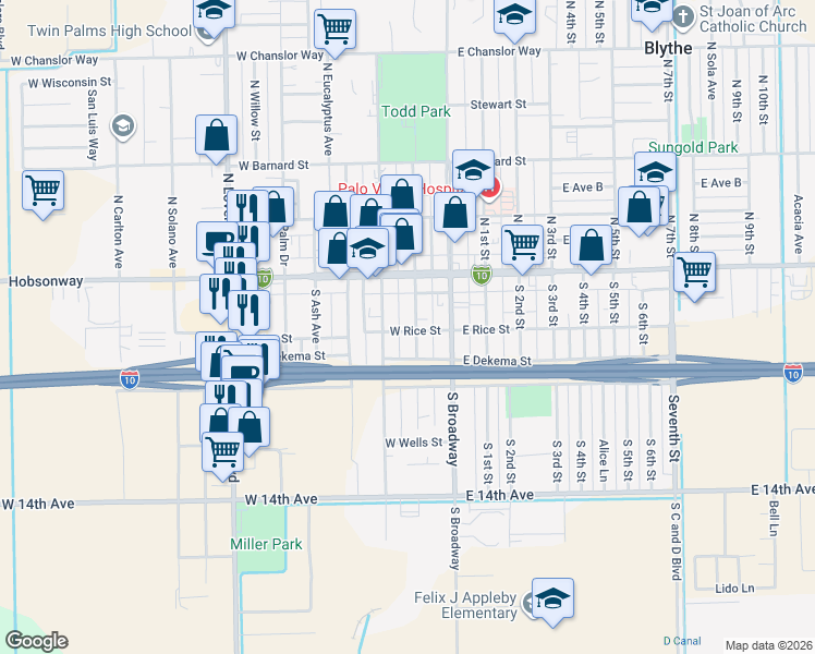 map of restaurants, bars, coffee shops, grocery stores, and more near 201 West Rice Street in Blythe