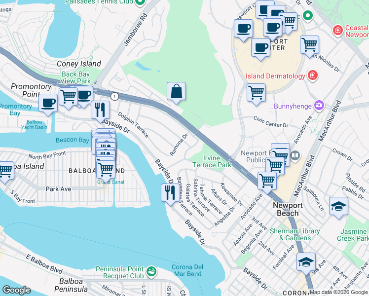 map of restaurants, bars, coffee shops, grocery stores, and more near 621 Malabar Drive in Newport Beach