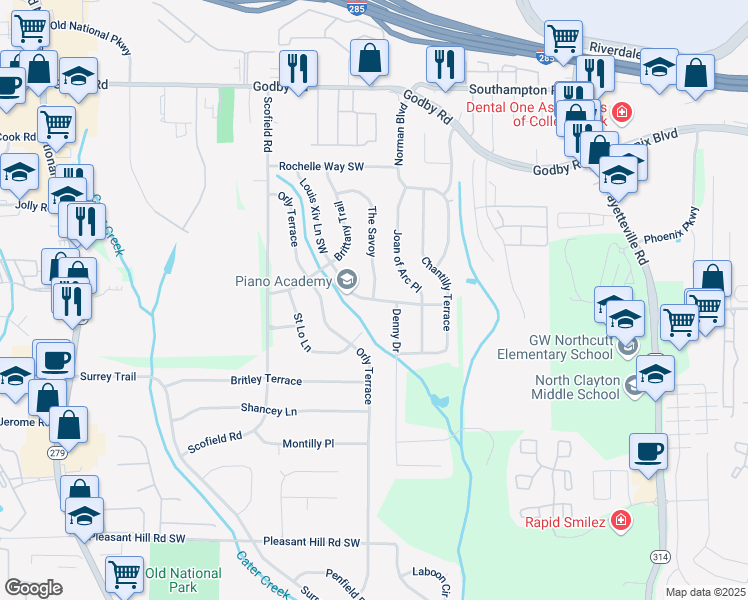 map of restaurants, bars, coffee shops, grocery stores, and more near 5411 Louis Xiv Lane Southwest in Atlanta