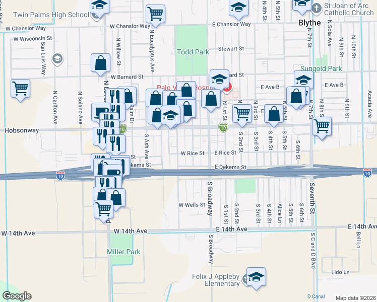 map of restaurants, bars, coffee shops, grocery stores, and more near 165 South Spring Street in Blythe