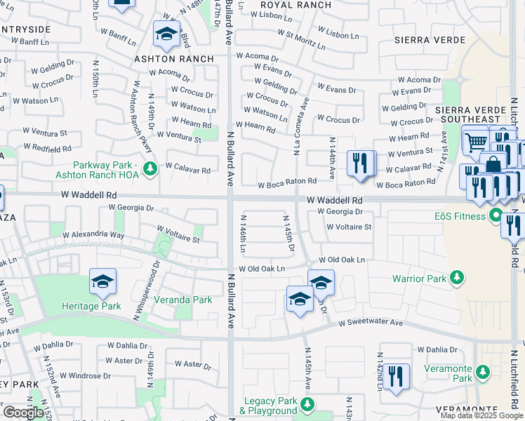 map of restaurants, bars, coffee shops, grocery stores, and more near 14304 West Georgia Drive in Surprise