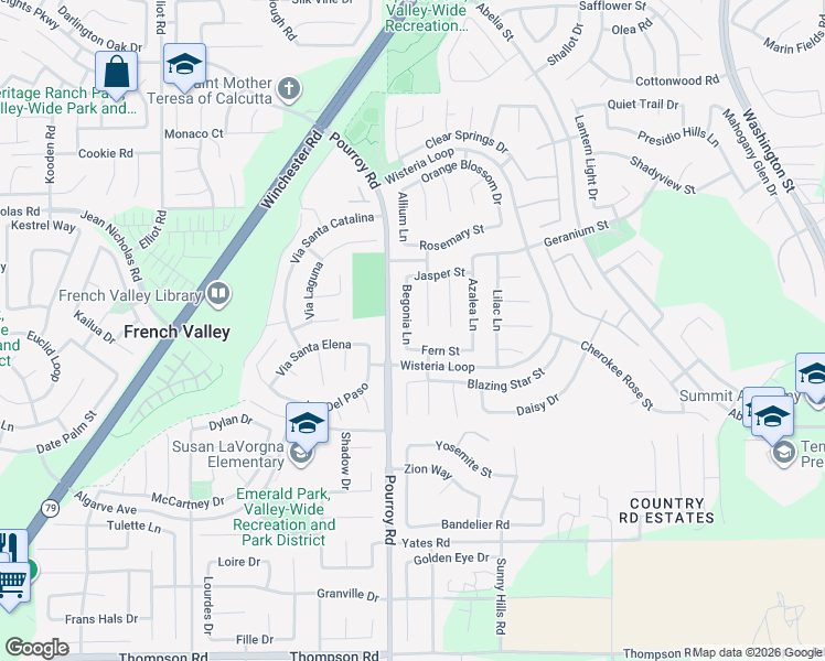 map of restaurants, bars, coffee shops, grocery stores, and more near 35272 Begonia Lane in Winchester