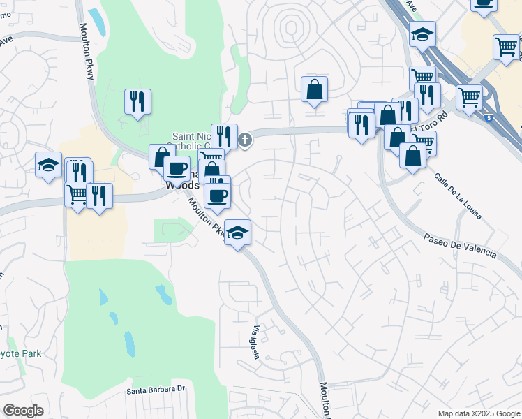 map of restaurants, bars, coffee shops, grocery stores, and more near in Laguna Woods