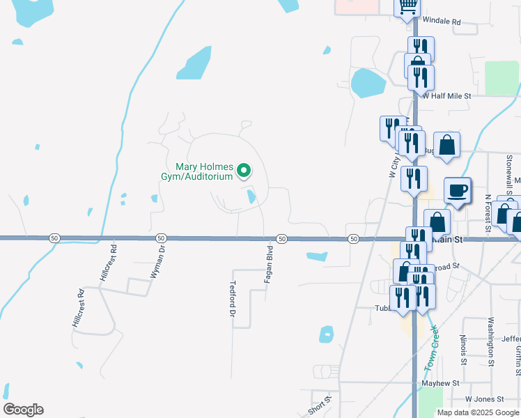 map of restaurants, bars, coffee shops, grocery stores, and more near Mary Holmes Drive in West Point
