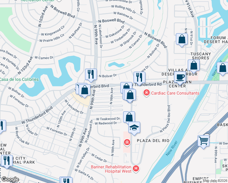 map of restaurants, bars, coffee shops, grocery stores, and more near 13709 North 98th Avenue in Sun City