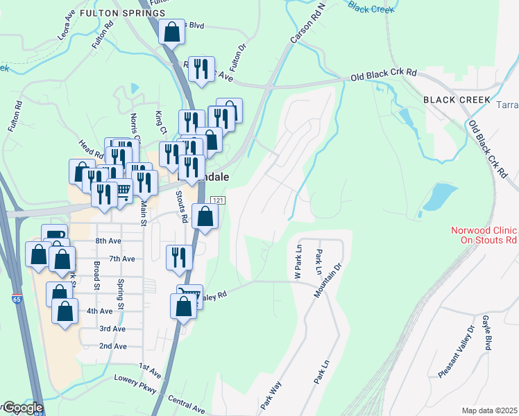 map of restaurants, bars, coffee shops, grocery stores, and more near 3536 Grand Central Avenue in Fultondale