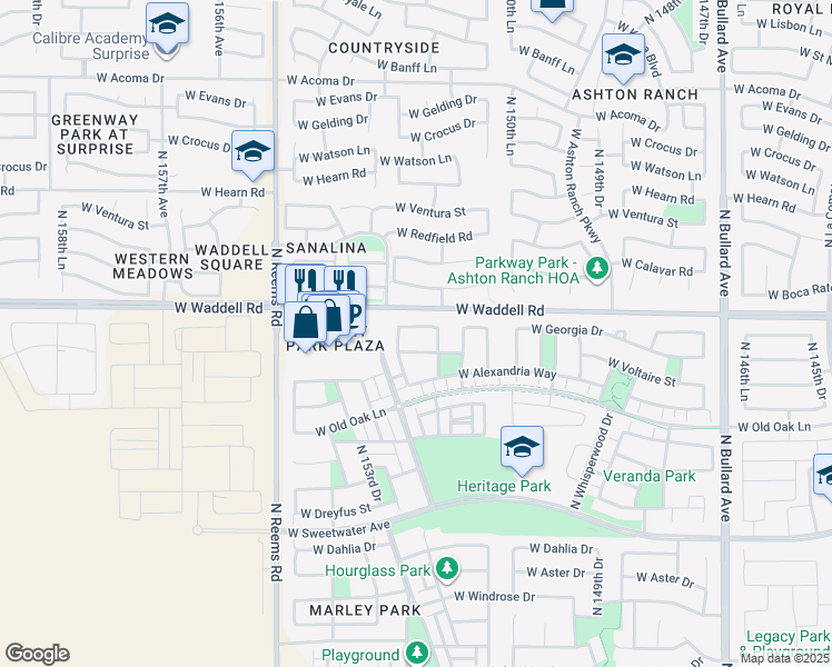 map of restaurants, bars, coffee shops, grocery stores, and more near 15241 West Georgia Drive in Surprise