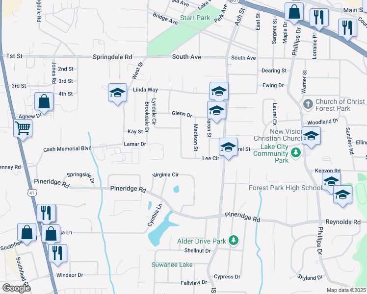 map of restaurants, bars, coffee shops, grocery stores, and more near 5346 Lee Circle in Forest Park