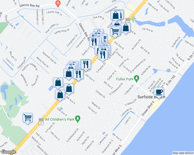 map of restaurants, bars, coffee shops, grocery stores, and more near 725 5th Avenue South in Myrtle Beach