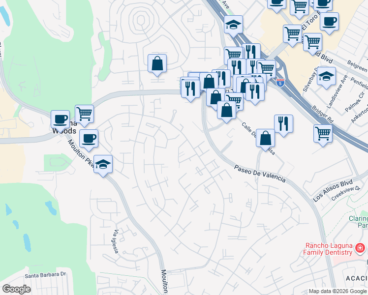 map of restaurants, bars, coffee shops, grocery stores, and more near in Laguna Woods
