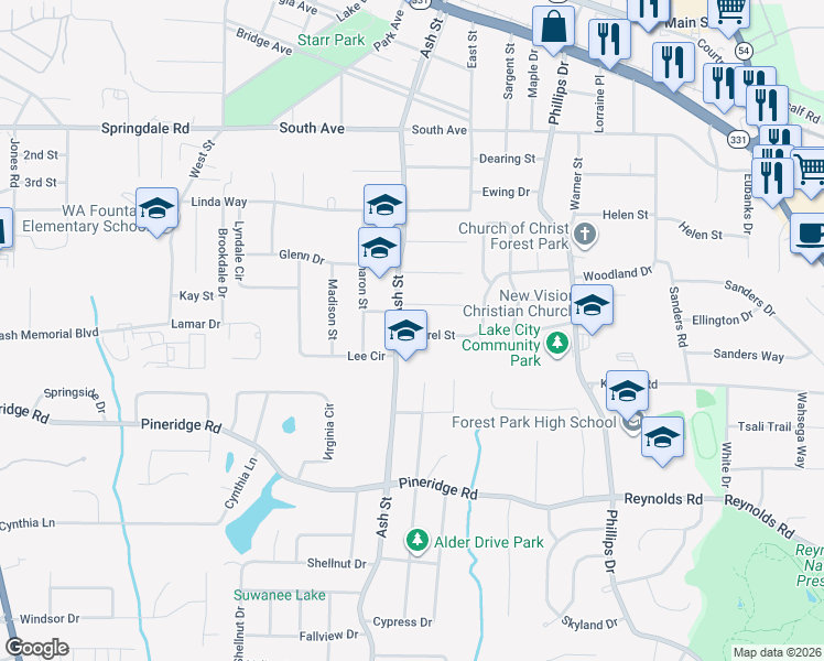 map of restaurants, bars, coffee shops, grocery stores, and more near 830 Laurel St in Forest Park