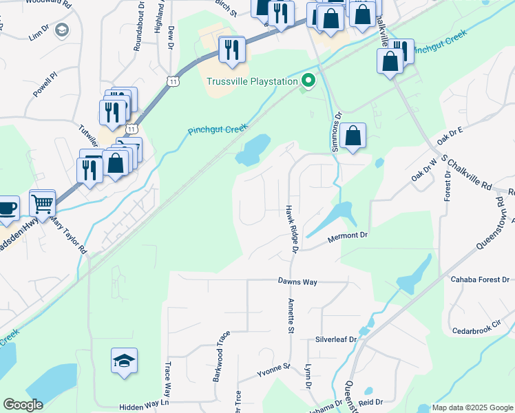 map of restaurants, bars, coffee shops, grocery stores, and more near 3532 Harrier Road in Trussville