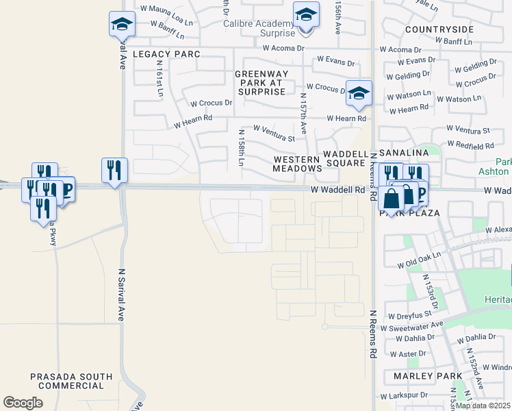 map of restaurants, bars, coffee shops, grocery stores, and more near 15901 West Waddell Road in Surprise