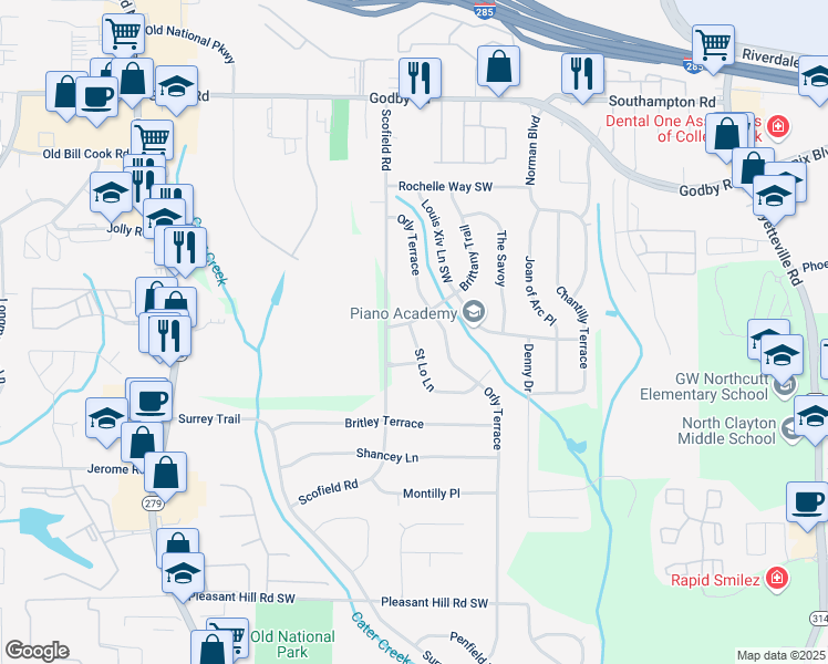 map of restaurants, bars, coffee shops, grocery stores, and more near 5380 Saint Lo Lane in Atlanta