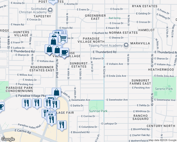 map of restaurants, bars, coffee shops, grocery stores, and more near 5030 East Presidio Road in Scottsdale