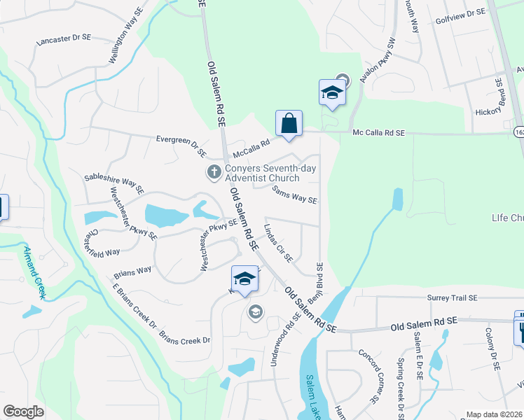 map of restaurants, bars, coffee shops, grocery stores, and more near 3316 Sams Way Southeast in Conyers