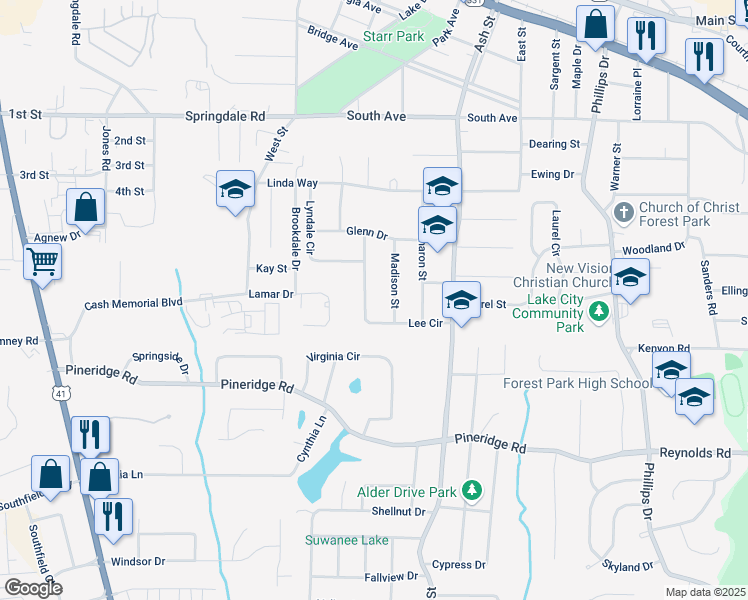 map of restaurants, bars, coffee shops, grocery stores, and more near 5346 Lee Circle in Forest Park