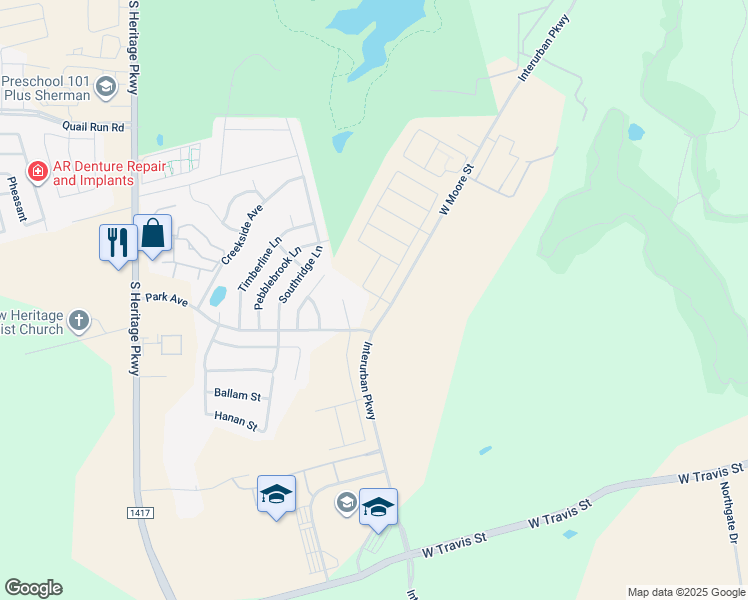 map of restaurants, bars, coffee shops, grocery stores, and more near 2105 West Moore Street in Sherman