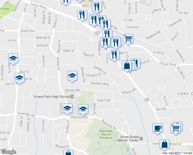 map of restaurants, bars, coffee shops, grocery stores, and more near 1207 Ellington Drive in Morrow