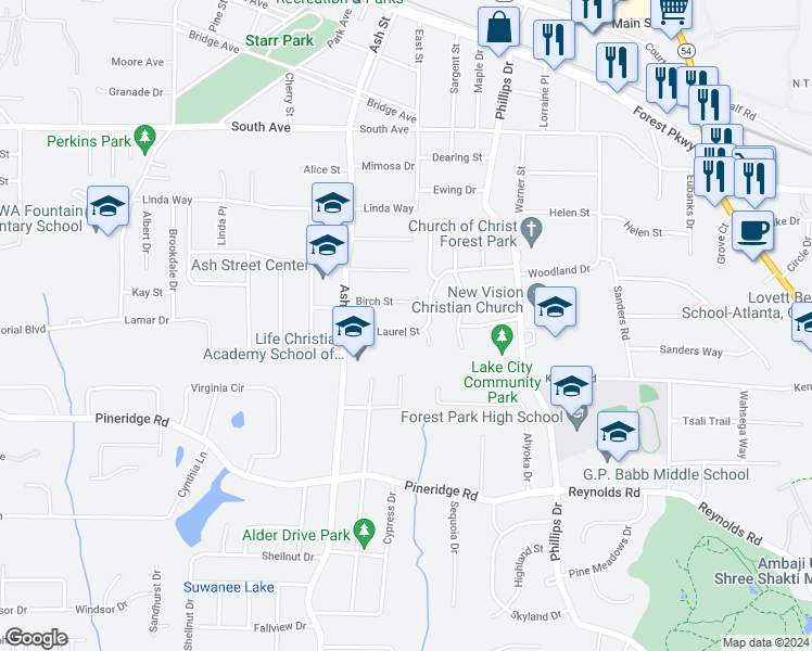 map of restaurants, bars, coffee shops, grocery stores, and more near 888 Laurel Street in Forest Park
