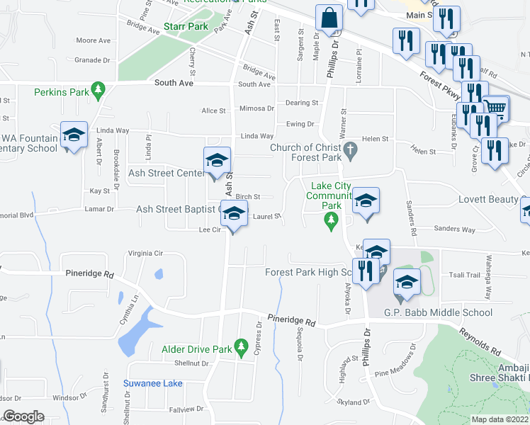map of restaurants, bars, coffee shops, grocery stores, and more near 880 Laurel Street in Forest Park
