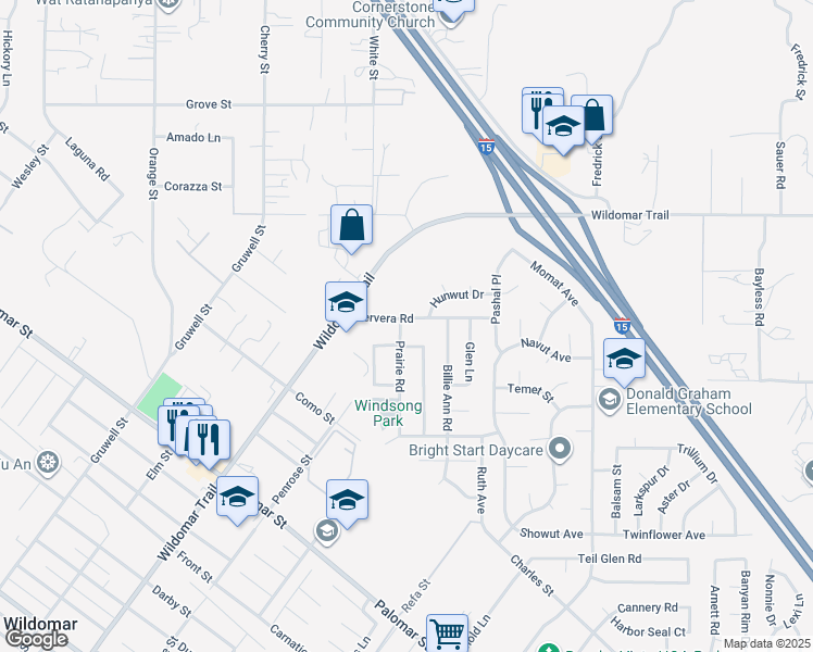 map of restaurants, bars, coffee shops, grocery stores, and more near 22567 Cervera Road in Wildomar