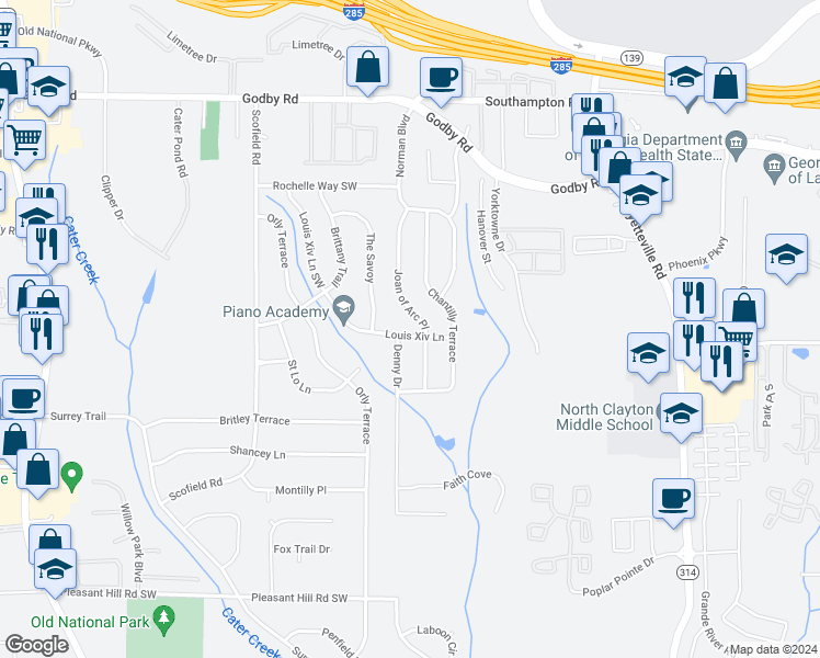 map of restaurants, bars, coffee shops, grocery stores, and more near 2073 Louis Xiv Lane in Atlanta