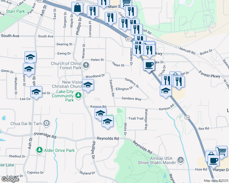 map of restaurants, bars, coffee shops, grocery stores, and more near 1155 Ellington Drive in Lake City