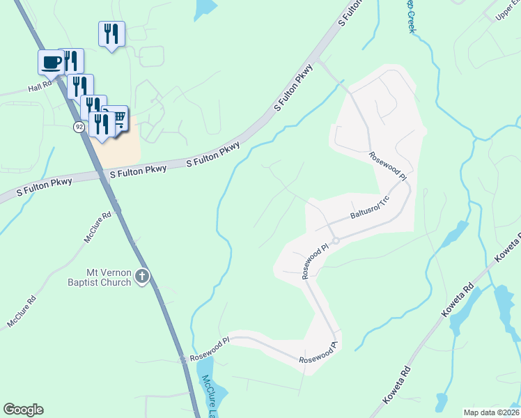 map of restaurants, bars, coffee shops, grocery stores, and more near 5597 Dendy Trace in Fairburn