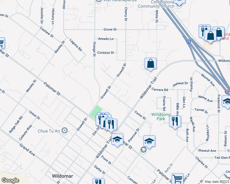 map of restaurants, bars, coffee shops, grocery stores, and more near 21344 Como Street in Wildomar