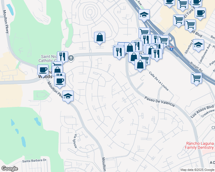 map of restaurants, bars, coffee shops, grocery stores, and more near 21 Avenida Castilla in Laguna Woods