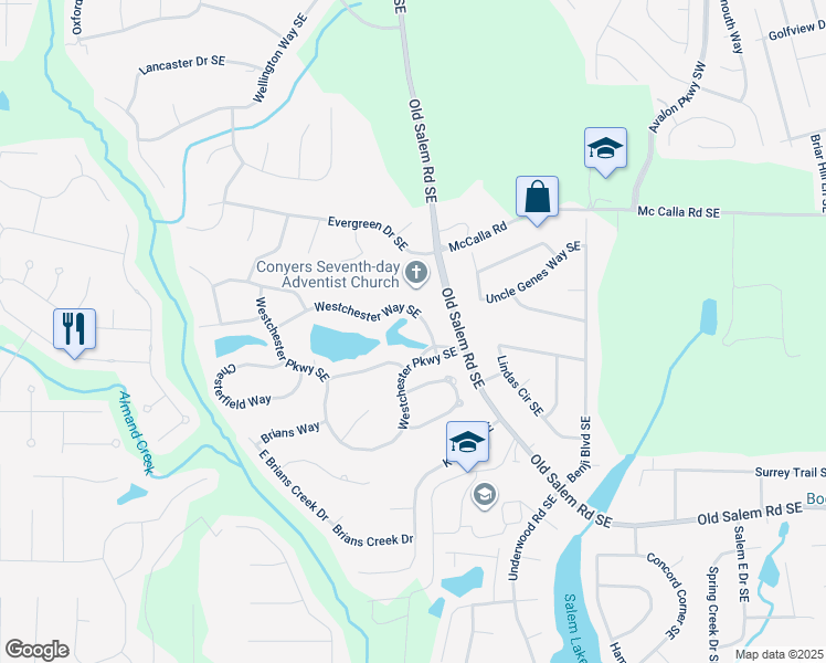 map of restaurants, bars, coffee shops, grocery stores, and more near 2503 Westchester Way Southeast in Conyers