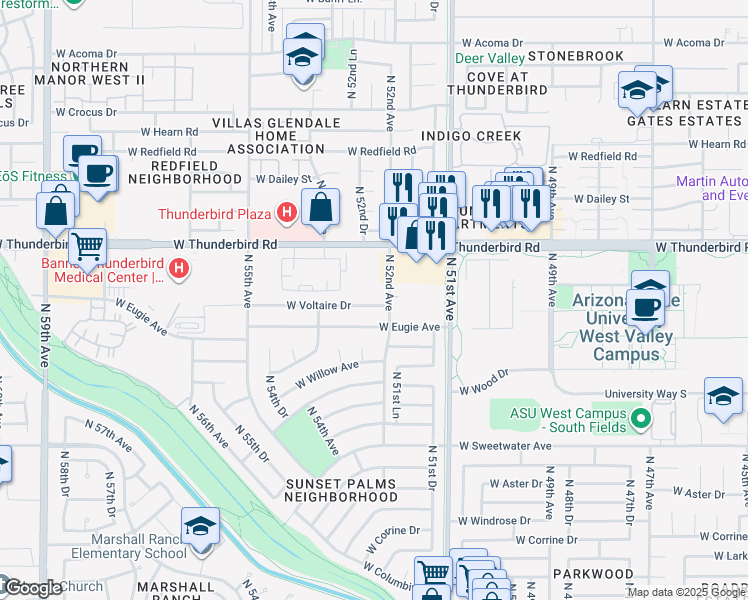 map of restaurants, bars, coffee shops, grocery stores, and more near 5216 West Voltaire Drive in Glendale
