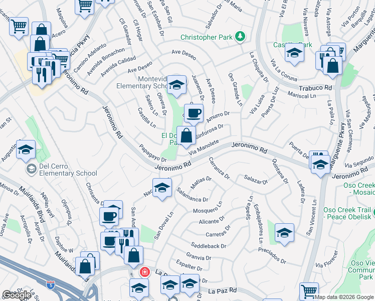 map of restaurants, bars, coffee shops, grocery stores, and more near 26531 Via Manolete in Mission Viejo