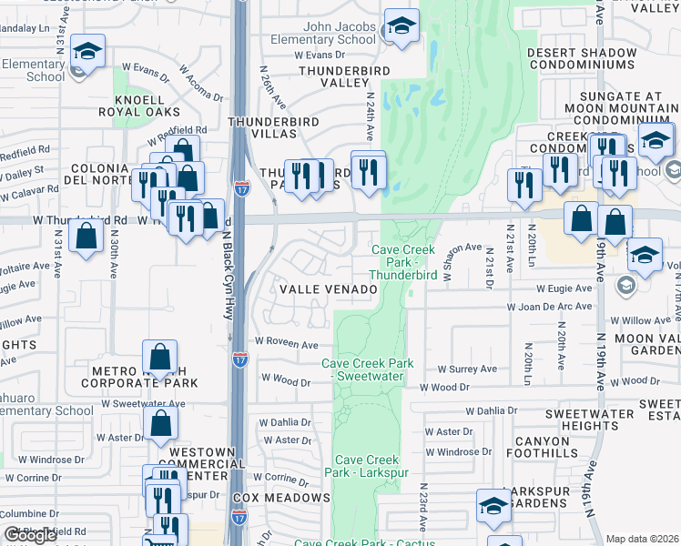 map of restaurants, bars, coffee shops, grocery stores, and more near 2426 West Eugie Avenue in Phoenix