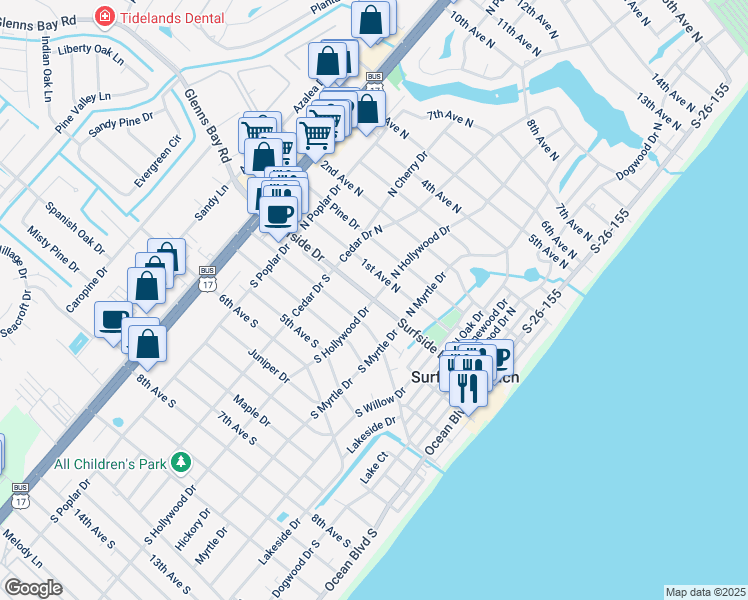 map of restaurants, bars, coffee shops, grocery stores, and more near Surfside Drive in Surfside Beach