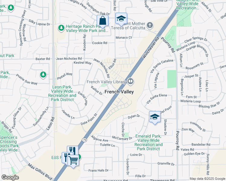 map of restaurants, bars, coffee shops, grocery stores, and more near 35274 Waimea Way in Winchester