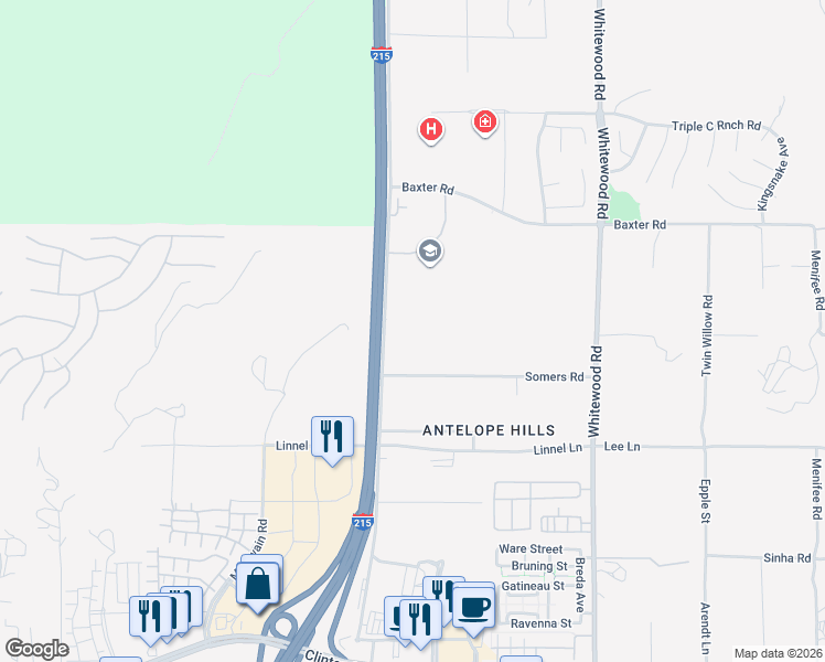 map of restaurants, bars, coffee shops, grocery stores, and more near 35246 Antelope Road in Murrieta