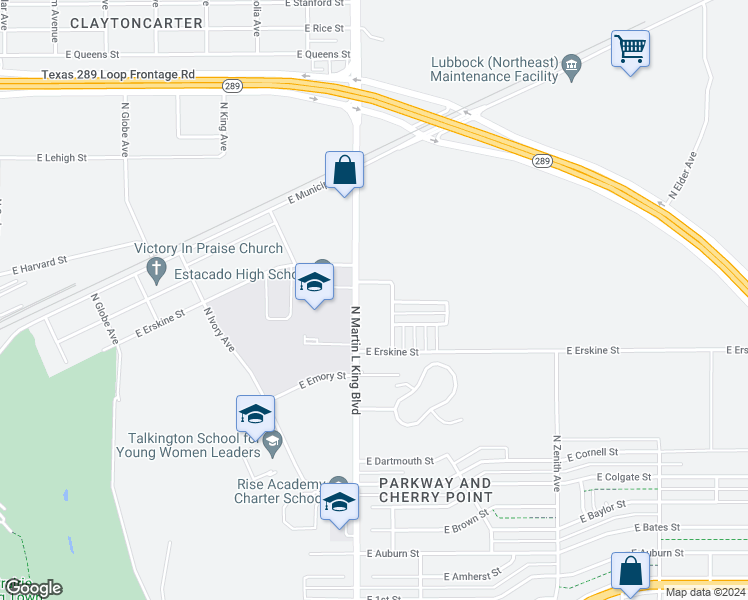 map of restaurants, bars, coffee shops, grocery stores, and more near 910 North Martin L King Boulevard in Lubbock
