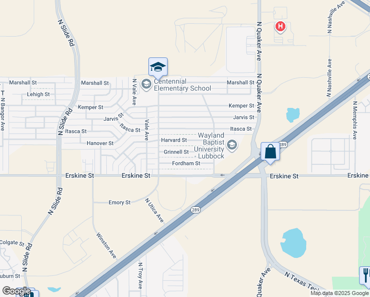 map of restaurants, bars, coffee shops, grocery stores, and more near 4623 Harvard Street in Lubbock
