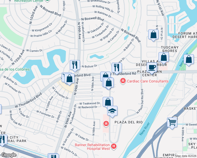 map of restaurants, bars, coffee shops, grocery stores, and more near 13709 North 98th Avenue in Sun City