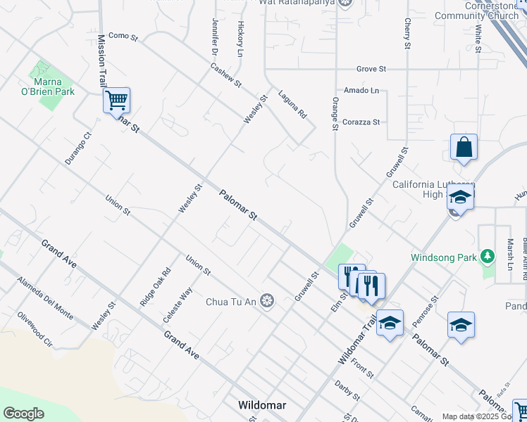 map of restaurants, bars, coffee shops, grocery stores, and more near Palomar Street in Wildomar