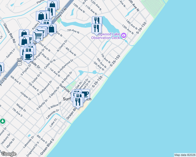 map of restaurants, bars, coffee shops, grocery stores, and more near 314 North Ocean Boulevard in Surfside Beach