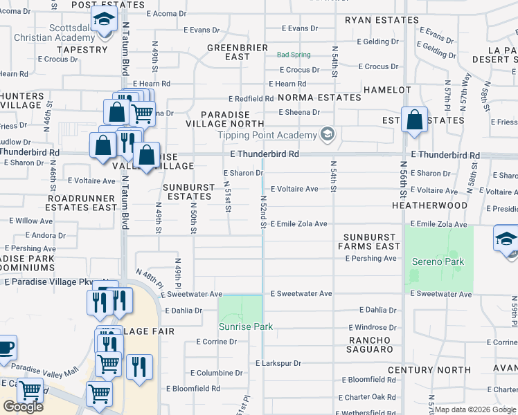 map of restaurants, bars, coffee shops, grocery stores, and more near 13438 North 52nd Street in Scottsdale