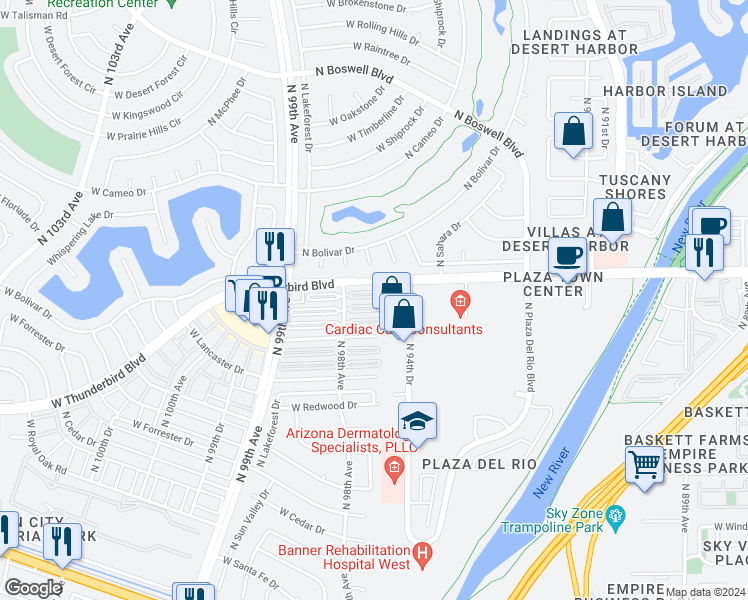 map of restaurants, bars, coffee shops, grocery stores, and more near 13709 North 98th Avenue in Sun City