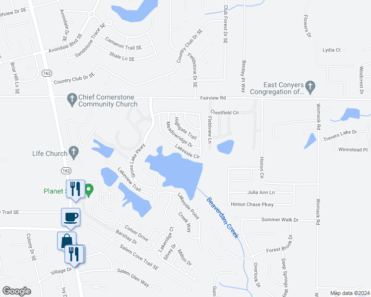 map of restaurants, bars, coffee shops, grocery stores, and more near 2840 Lakeside Circle in Covington
