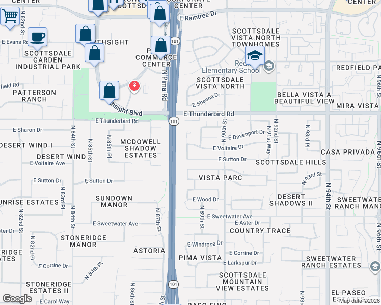 map of restaurants, bars, coffee shops, grocery stores, and more near 8885 East Voltaire Drive in Scottsdale
