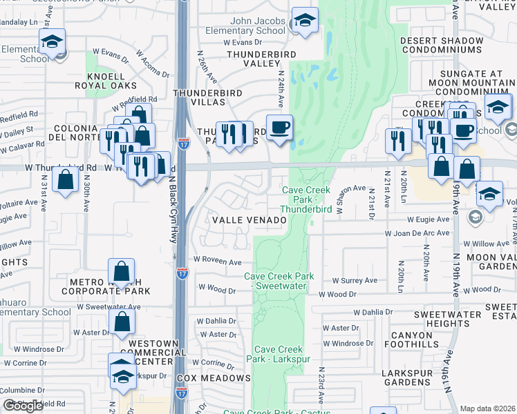 map of restaurants, bars, coffee shops, grocery stores, and more near 2426 West Eugie Avenue in Phoenix