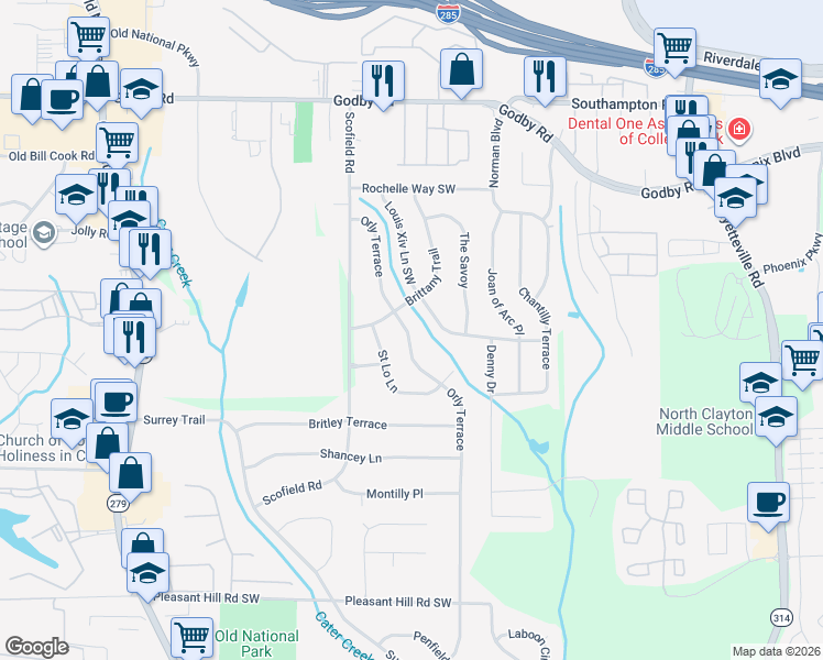 map of restaurants, bars, coffee shops, grocery stores, and more near 5382 Orly Terrace in College Park